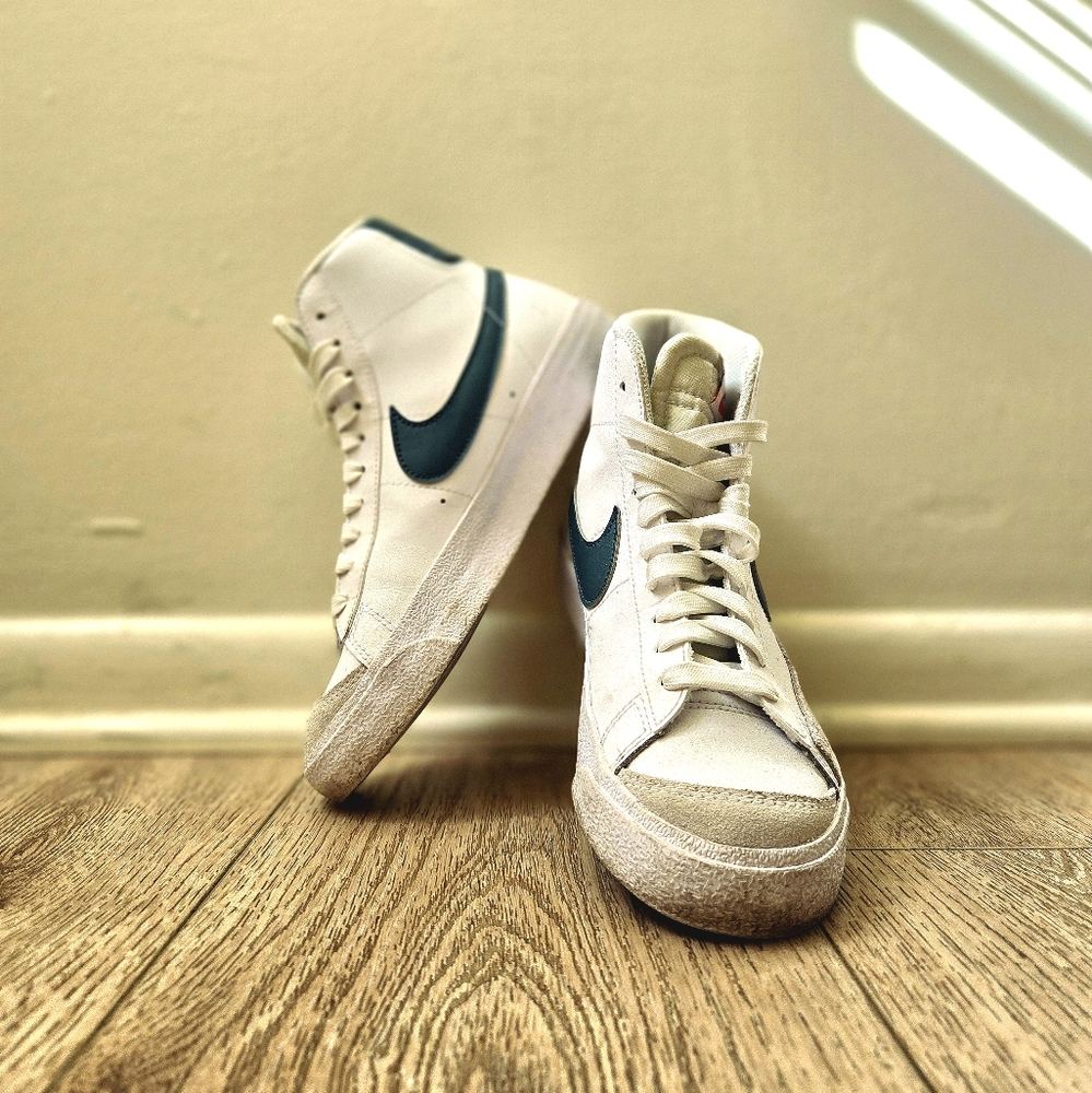 Nike Blazers with teal/green swoosh. Size 6, women's with beige suede detailing.